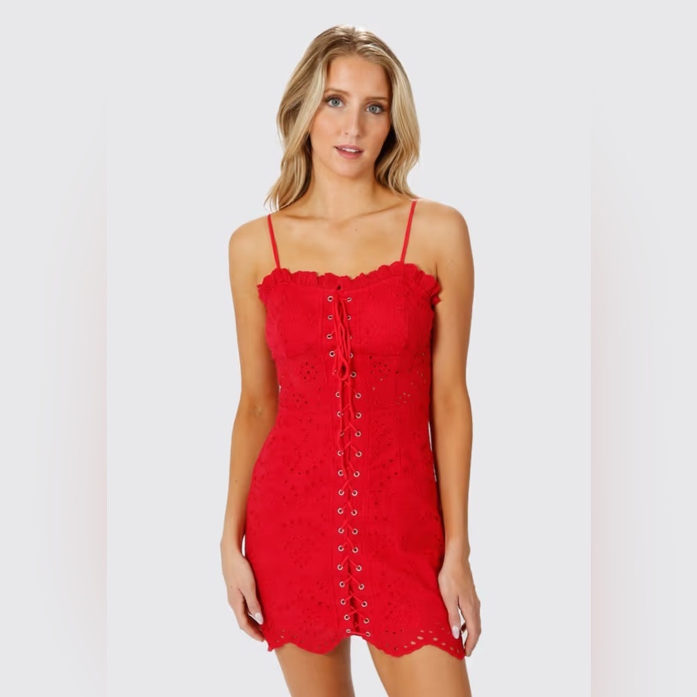TOBI ELSA LACE UP EYELET MINI DRESS - RED Sz XS